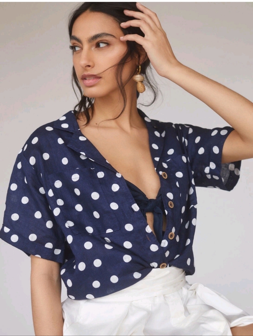 Anthropologie Maeve Button Down Surf Linen Navy And White Polka Dot Collar Xxs